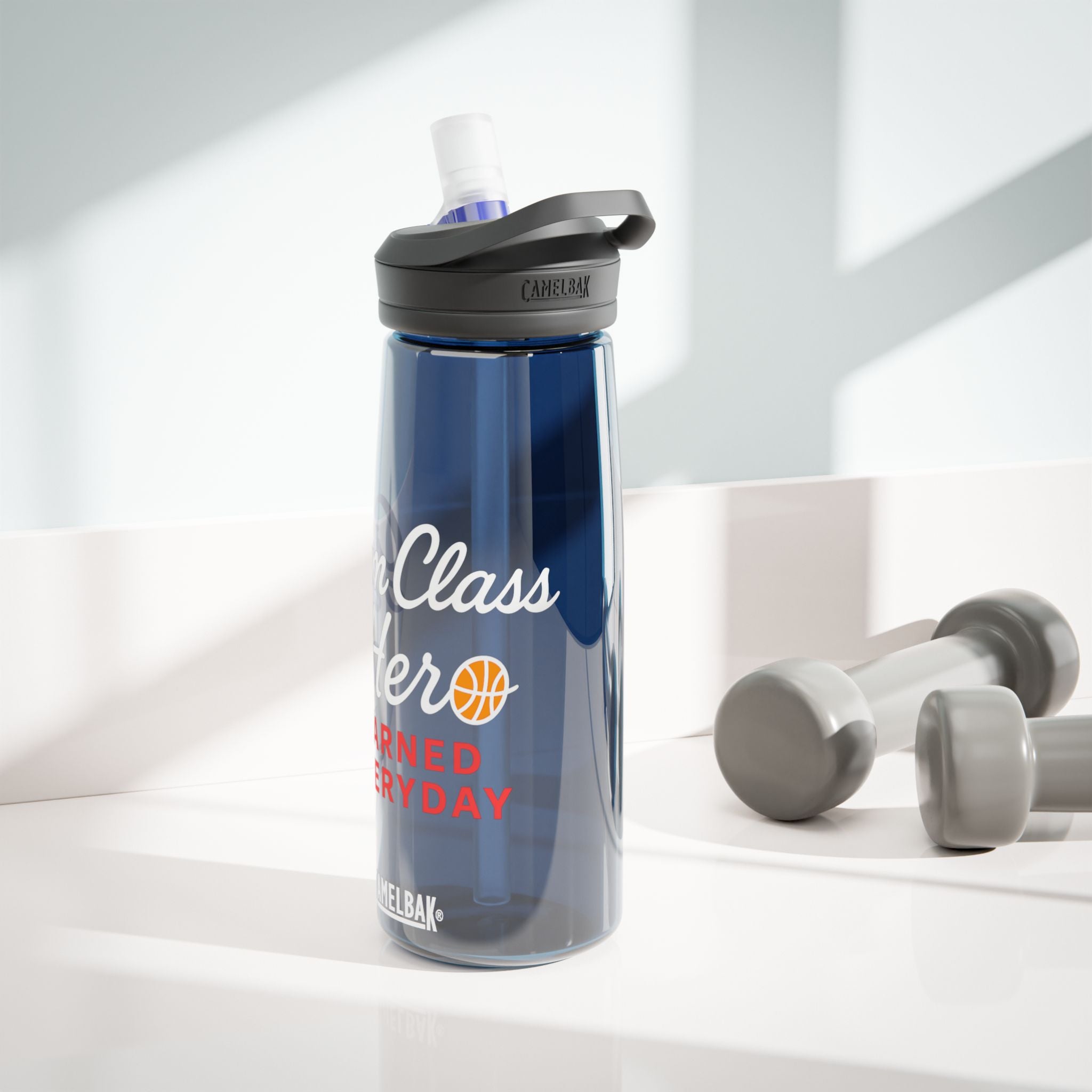 Gym Class Hero Water Bottle — CamelBak Eddy 20oz/25oz, "Earned Everyday" Basketball Design
